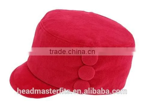 Custom lining 100% cotton red beret with decorative buttons on the side