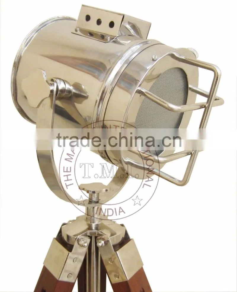 SPOTLIGHT WITH WOODEN TRIPOD STAND - SEARCHLIGHT WITH WOODEN STAND - NAUTICAL SPOTLIGHT
