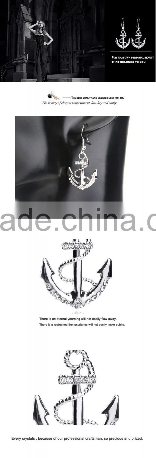 Long Earings 18k White Gold Plated Silver Color Austrian Crystal Rhinestone Dangle Anchor Earring