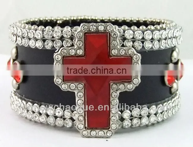 newest high quality different kinds size red cross rhinsetone leather bracelet