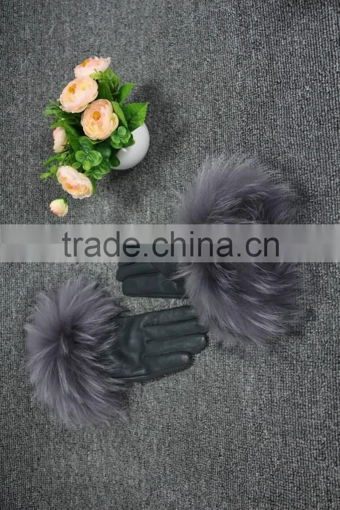 100% Genuine Fur Leather Gloves / Ladies Leather Gloves/Real fox fur leather gloves