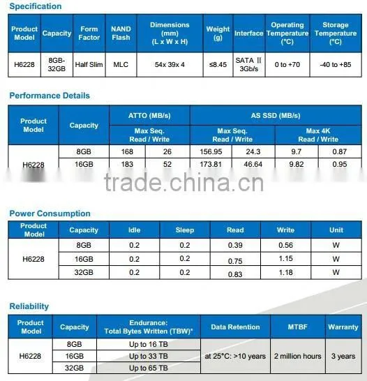 Wholesale internal hard disk hard drive ssd hard drive Half Slim H6228 8GB-32GB hot-selling high-speed 3 years warranty