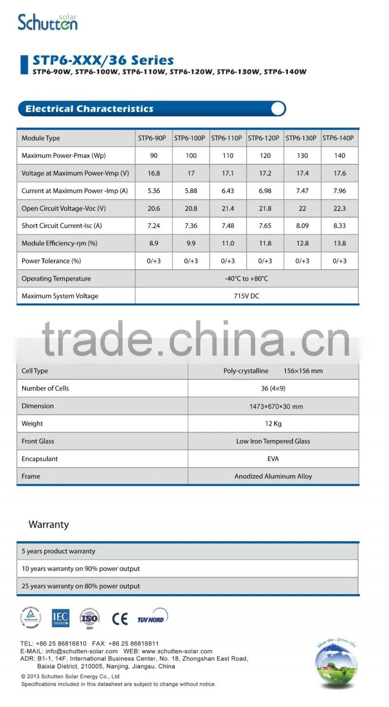 Poly-crystalline Solar Panel / Solar Module 90W 100W 110W 120W 130W 140W With TUV/IEC Certification