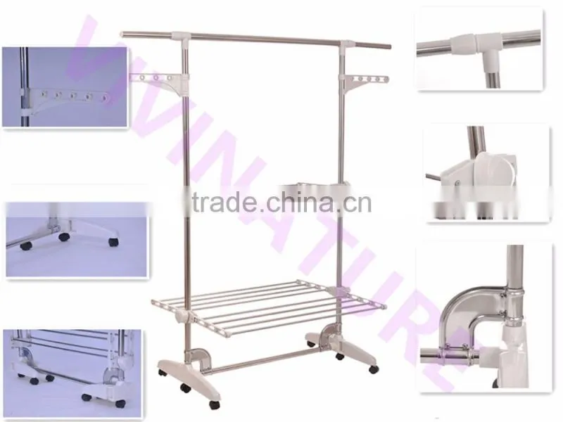 2017 hot sale portable clothes drying rack with 3 layers and 6 wheels design for adjustable bar