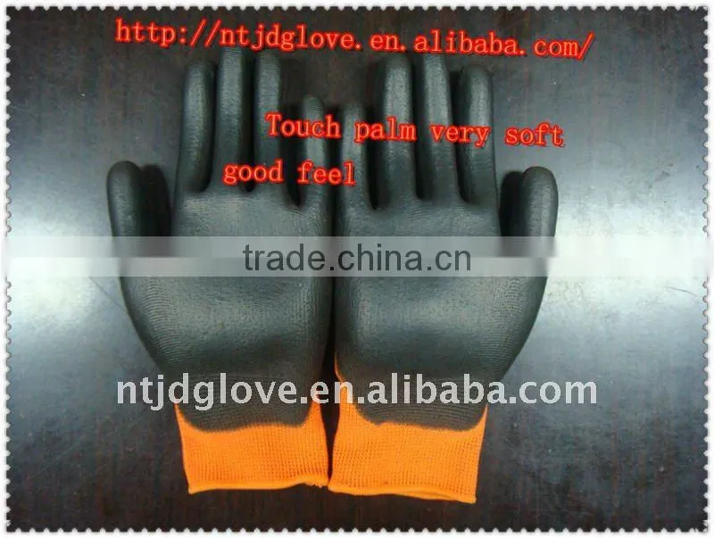 Soft /13G 100% orange nylon palm coated black pu glove/ pu glove