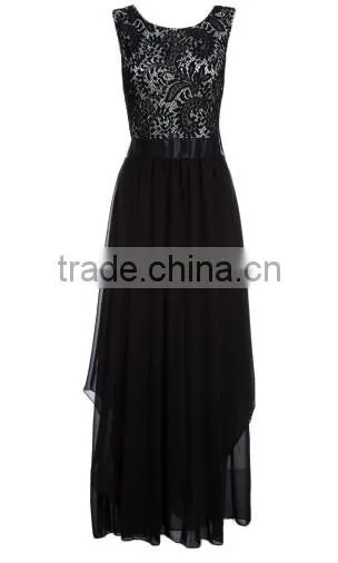 2016 Vintage Black Red Lady Elegant Sleeveless Summer Lace Patchwork Party Club Dress Round Neck Long Dress Party Dress