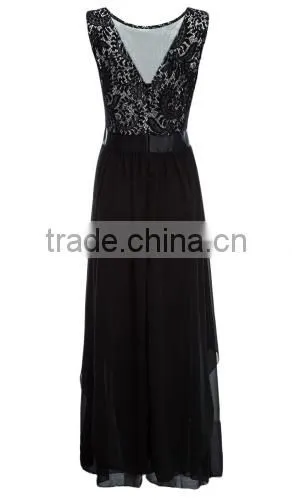 2016 Vintage Black Red Lady Elegant Sleeveless Summer Lace Patchwork Party Club Dress Round Neck Long Dress Party Dress