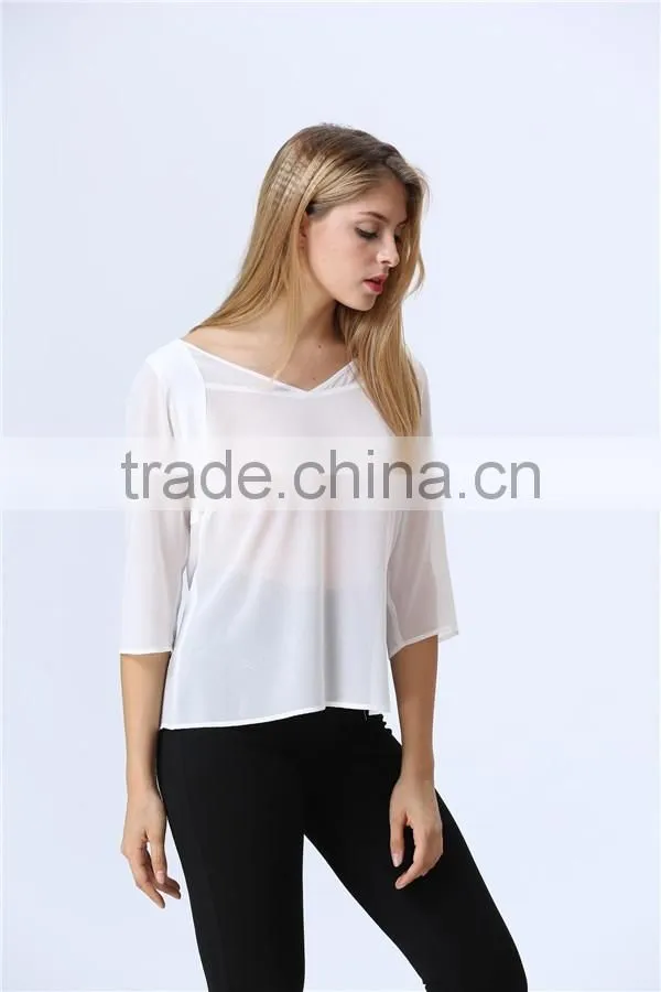See-through White Chiffon Three Quarter Sleeve Casual Loose Blouse/Top for Ladies/Women