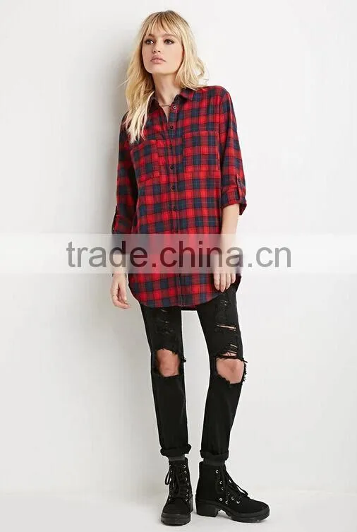 Longline Plaid Flannel Shirt High quality blouse OEM women's shirts