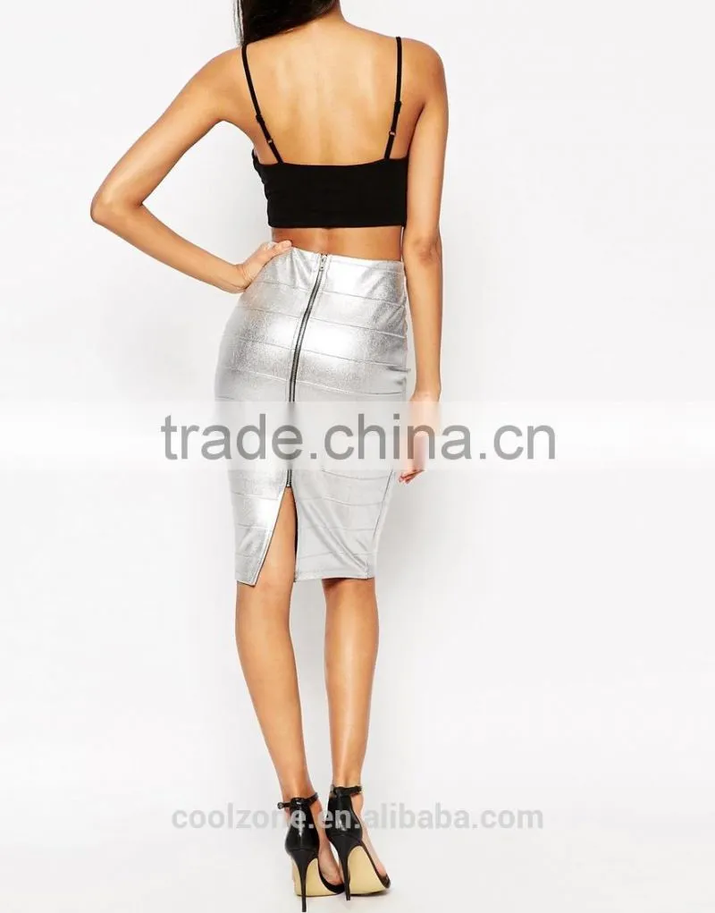 Hot selling metallic foil sexy bodycon pencil skirt design lady skirt