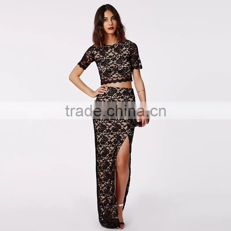 Women's summer rose pattern crop top shirt with slit long skirt suits