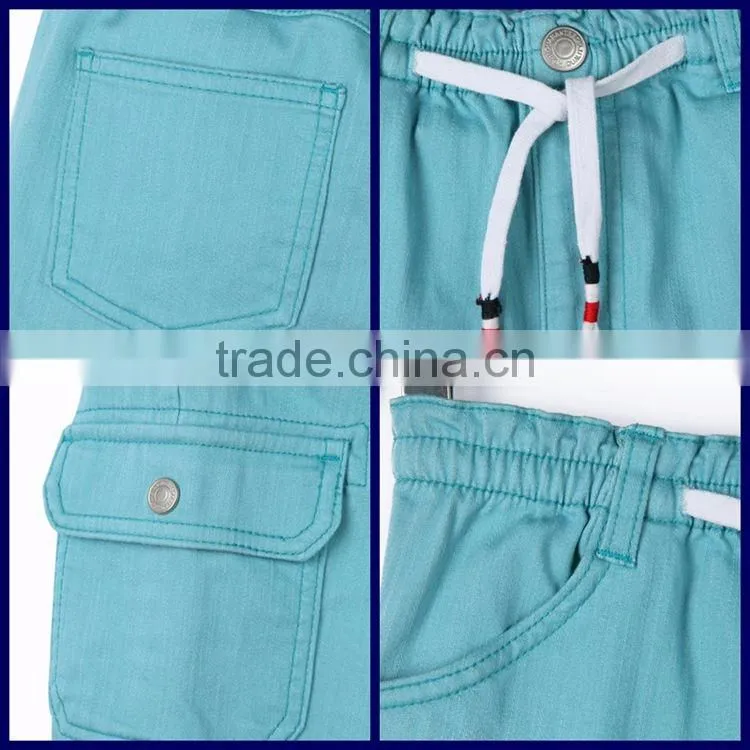 New fashion multi pocket plain blue solid color cheap kids elastic bottom jeans with side zipper