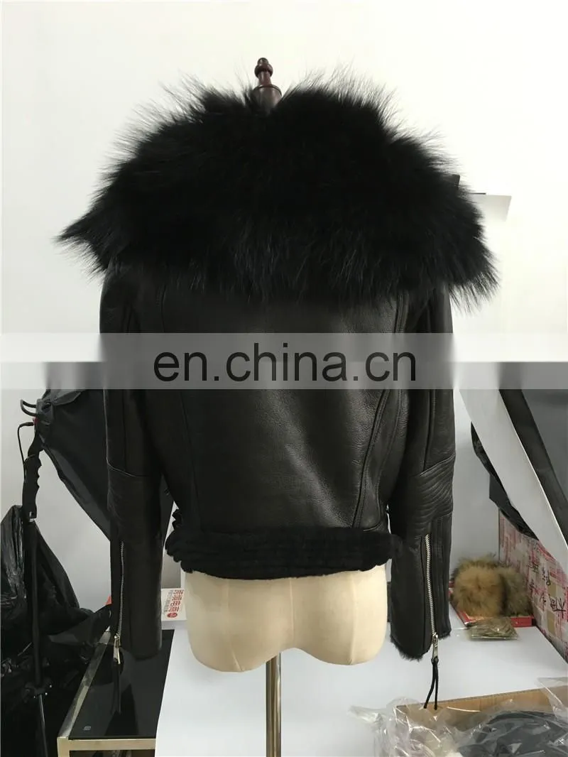 High Fashion Red Real Leather Jackets for Women / Raccoon Fur Collar Leather Jacket Made in China