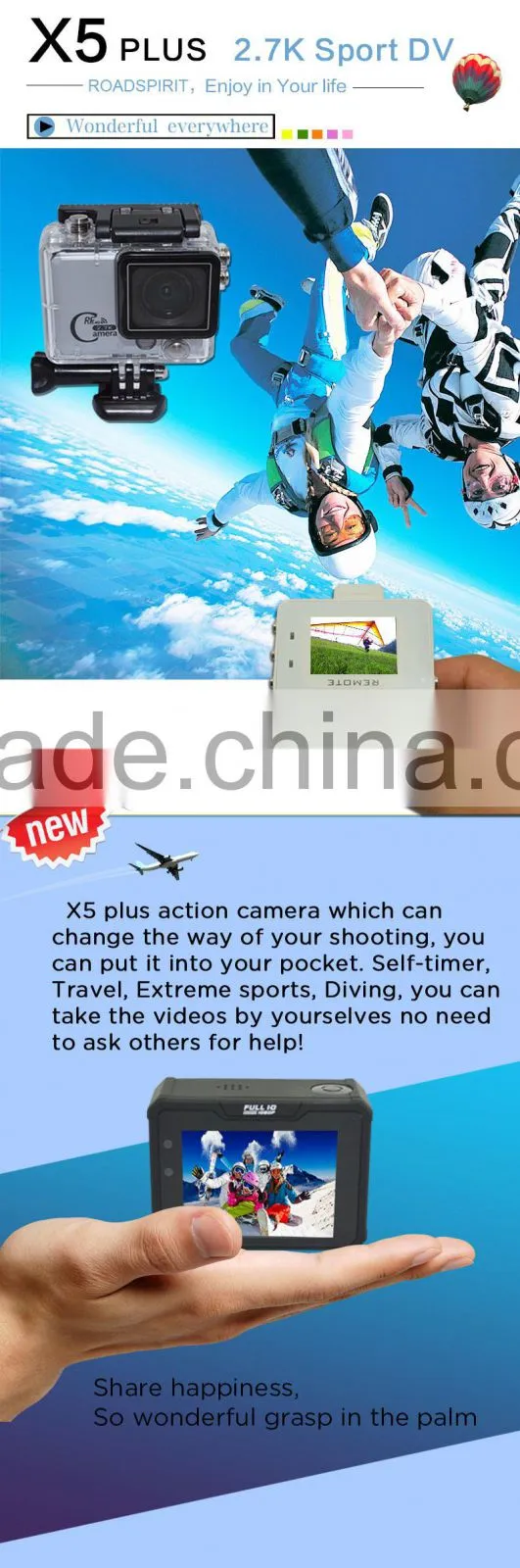 X5 Plus - Ambarella A7LA50 Processor 50 Meters Waterproof Action Camera 2560x1080@30fps 1920x1080@45fps with RF Watch Controller