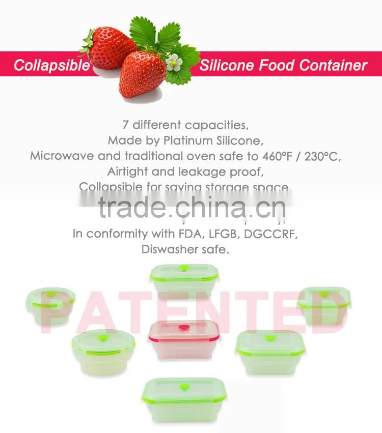 800ml collapsible silicone food container with PP lid ,100% platinum silicone