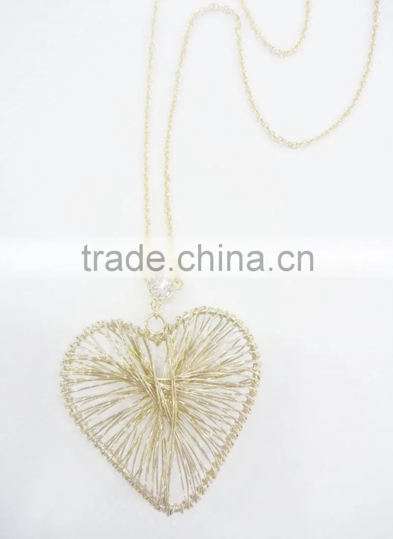 FASHION METAL WIRE WRAPPED HEART PENDANT NECKLACE WITH CRYSTAL STONE