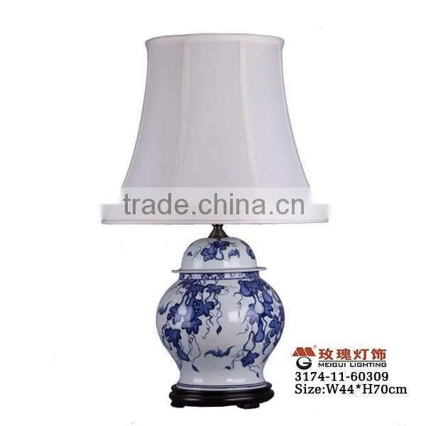 blue and white ceramic lamp with white chiffom shade