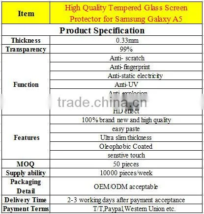 Wholesale cell phone tempered glass screen protector for Samsung Galaxy A5