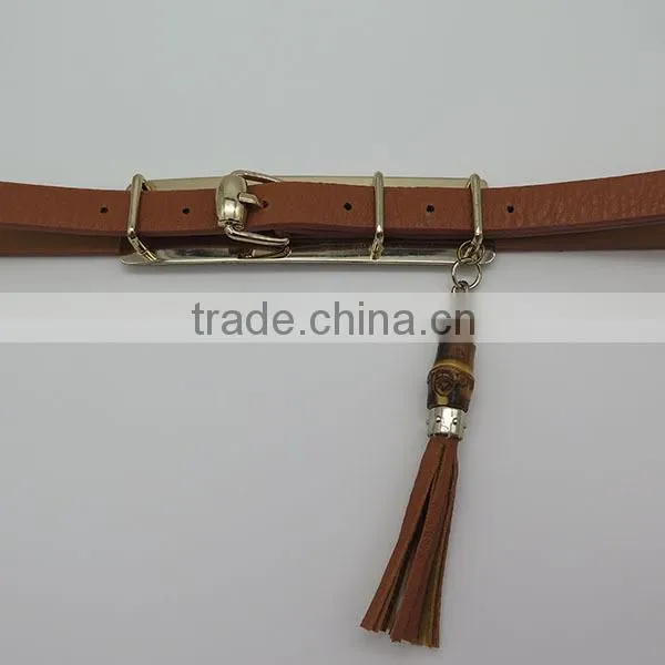 Leather fashion skinny belt with tassels and wood for women