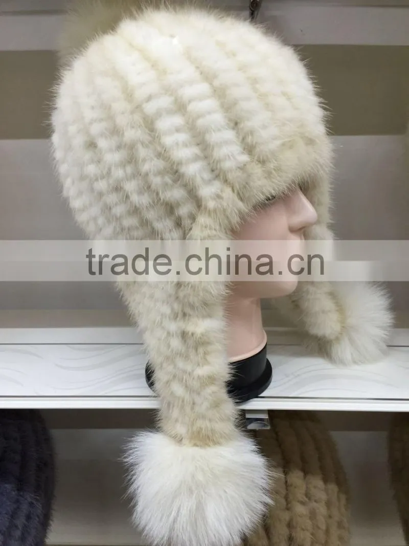 korea style fashion women mult color kintted mink fur hat with pompoms