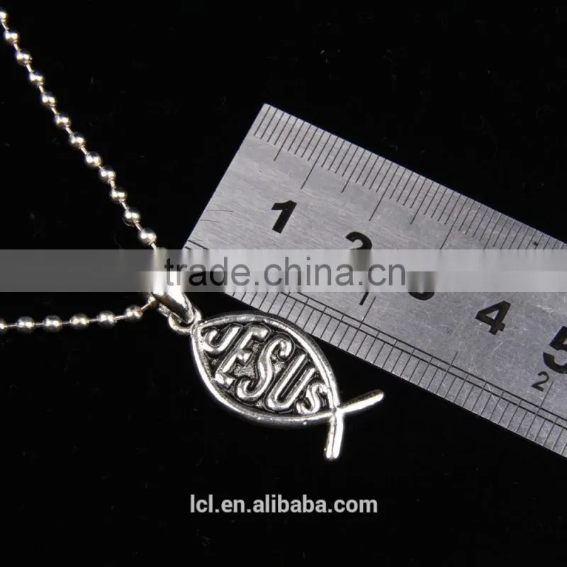Fashion imitation jewelry necklace, antique imitation silver religious bead necklace with fish pendant