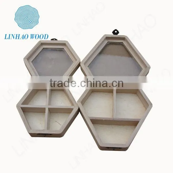 hexagonal shape natural wood box with glass window
