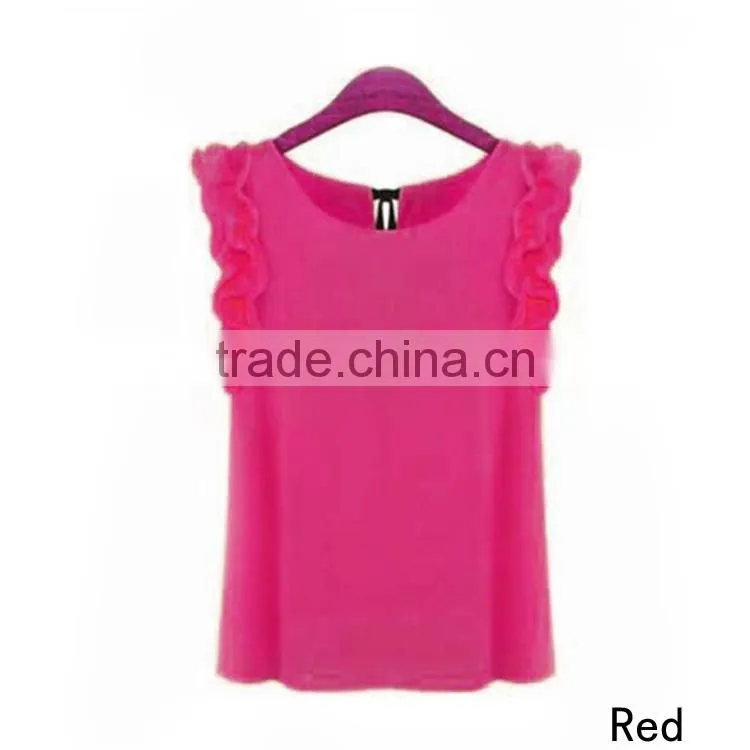 Plus Size Ladies Blouses 2015 New Summer Women Blouse O-Neck Lotus Leaf Casual Shirt Women Clothing Lacing Bow Chiffon Blouse