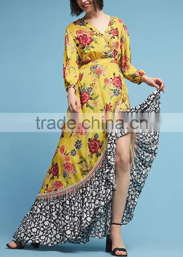 Vibrant Colors Embedded Vintage Long Sleeve Floral Maxi Dress Western Frock Designs For Ladies HSd5158