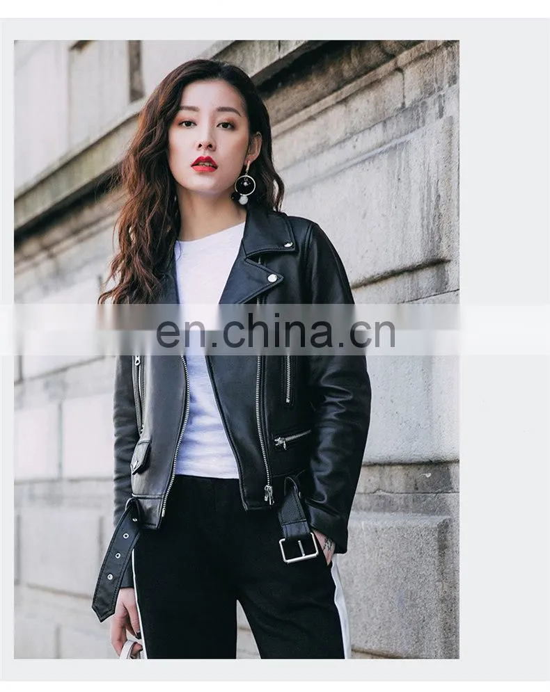 Fashion Cool Zip Front Black Leather Jacket Woman / Real Sheep Skin Jacket Leather / Leather Motorcycle Jacket
