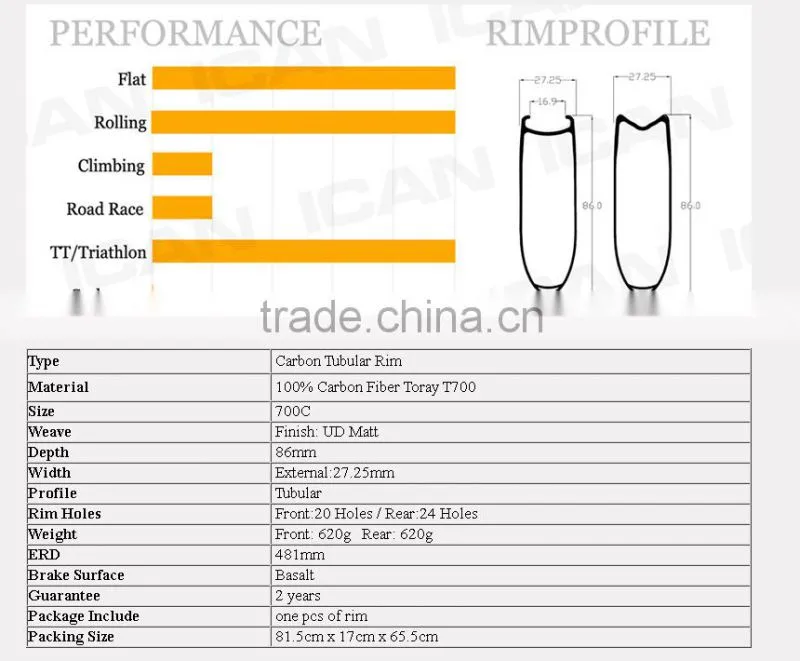 Tubular TT/Road/Track bike rims carbon wheels tubeless ready