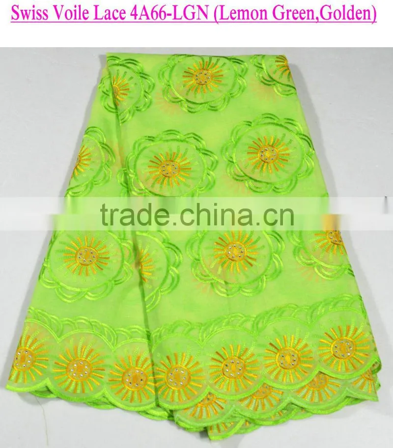 New arrival Lemon Green Swiss Voile lace fabric with sun flowers for clothing