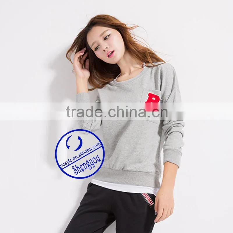 custom women's long sleeve crewneck sweatshirts with chest pocket