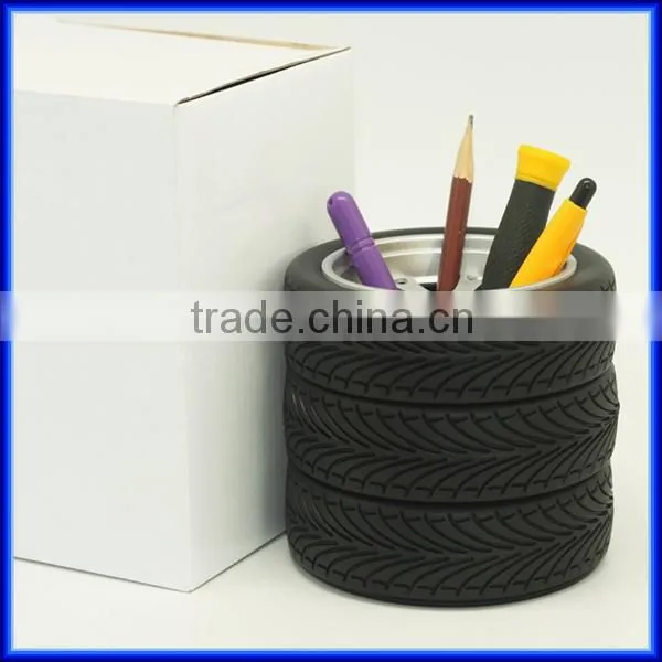Hot sell black color resin school tire pen holder/office tyre pen container
