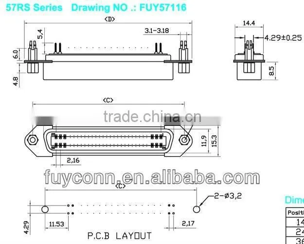 Female PCB Straight Mounting DIP Type DDK Centronic Connector with Board Lock and Jack Screws