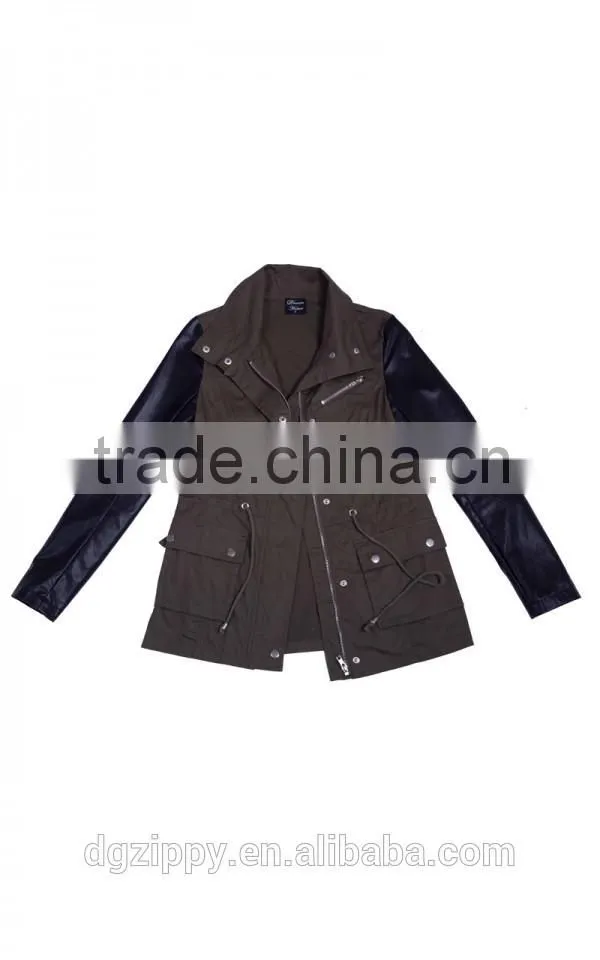 Fashion PU sleeve khaki color winter parka coats for girls