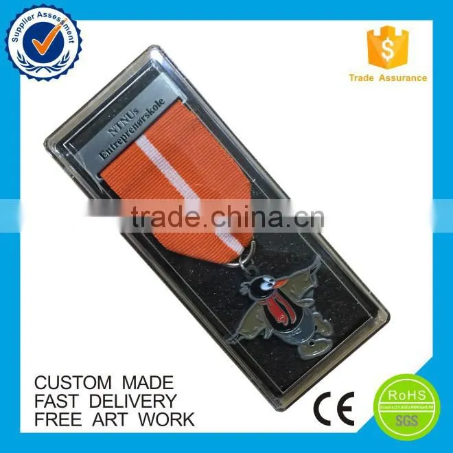 Custom orange ribbon metal award medal with plastic box