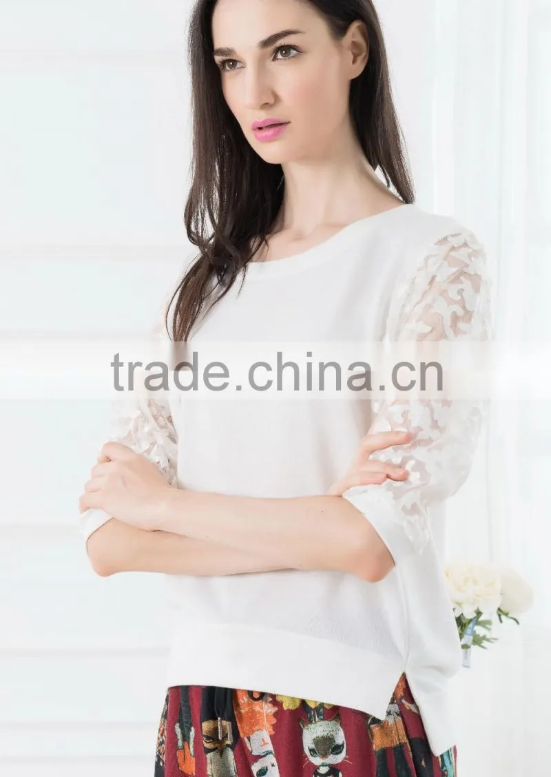 NEW ARRIVAL summer tops and blouses 2016 white lace sleeve shirt for woman chiffon fabric OEM tops cheap price