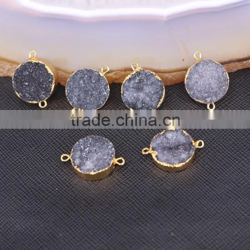 Black Druzy Quartz Stone Connector Beads, Round shape Gold plated Crystal Drusy Beads For Jewelry Making