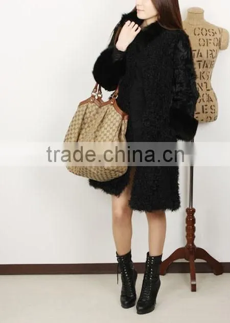 fashion lady's lamb coat for women with fur trim LC96