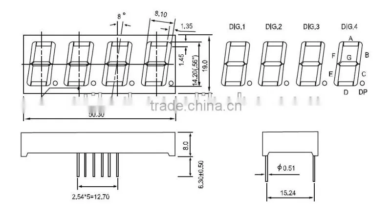 7 segment led digit display 4 digits 0.56" blue color