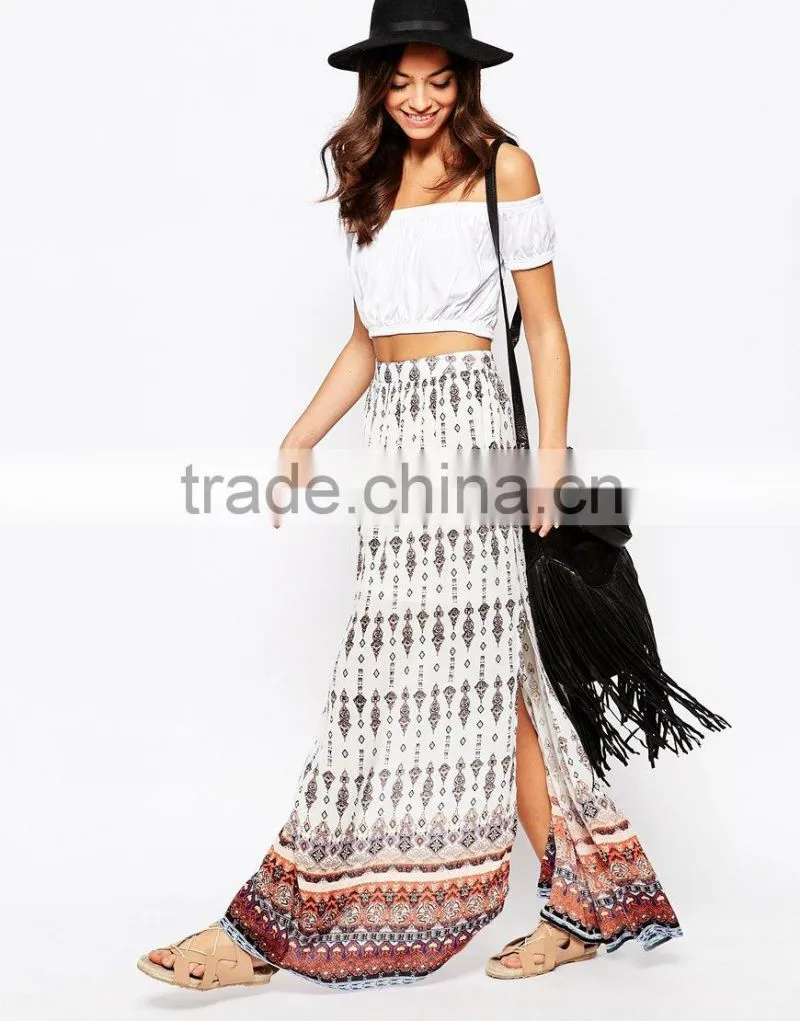 bohemian rayon maxi skirt border long Maxi Skirt