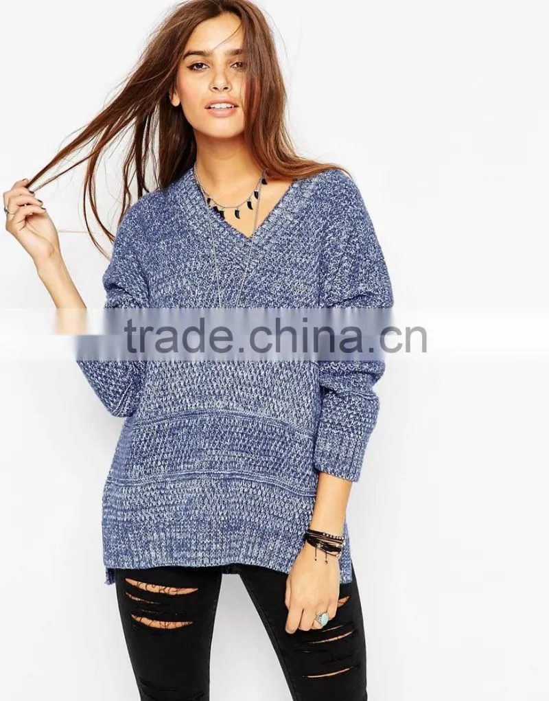 ladies blue knit sweater knitting pattern free V neck chunky tunic thin sweater