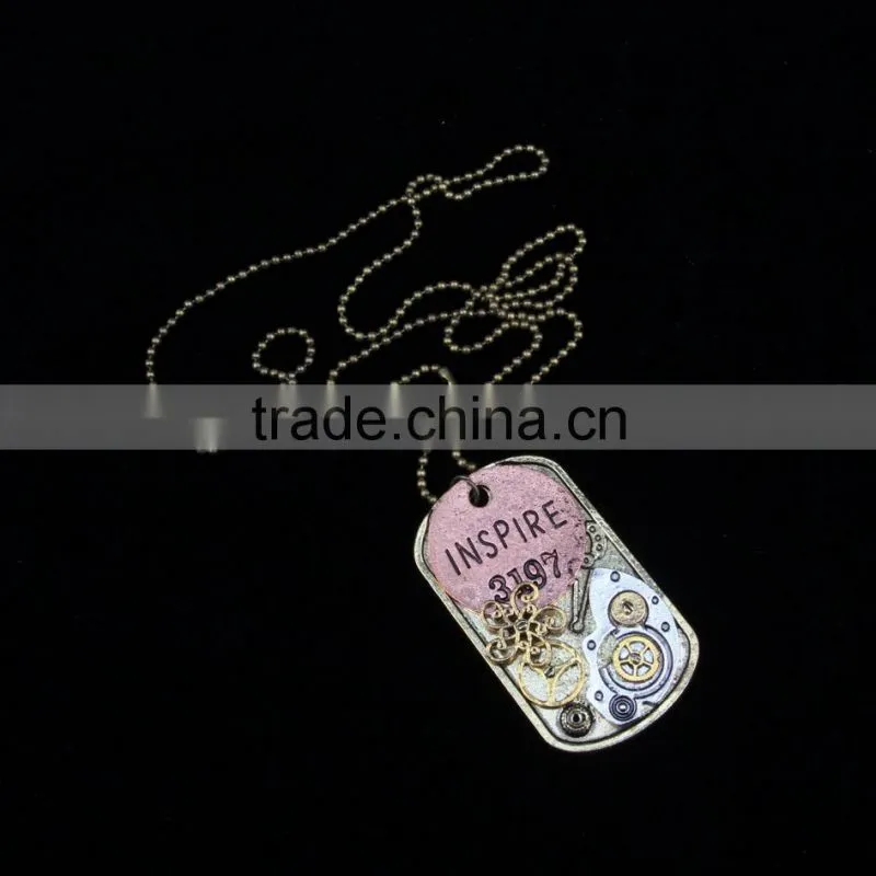 2015 yiwu fashion imitation jewelry steampunk necklace dog tag gear steam inspire letter pendant cameo statement necklace