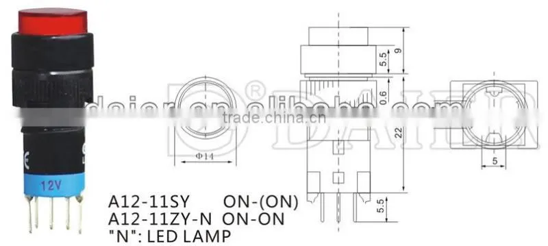 A12-11ZY-N ON-ON Red round button push switch with lamp