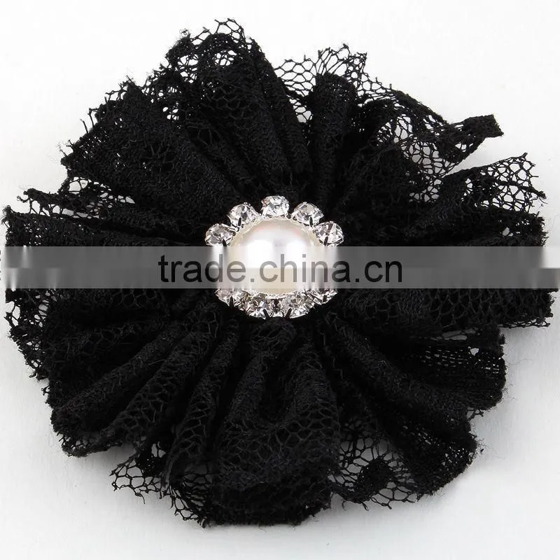 lace flower with pearl rhinestone in center for kids hair accessories