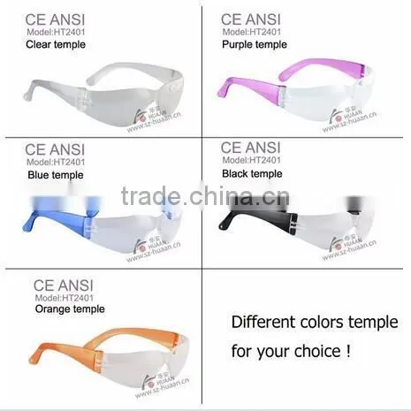 Custom colorful temples clear PC safety glasses,transparent safety glasses