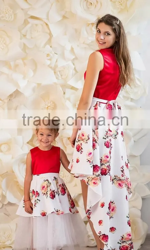 Red Floral Print Mother And Daughter Family Look Maxi Size Baby Tutu Dress Long Dress