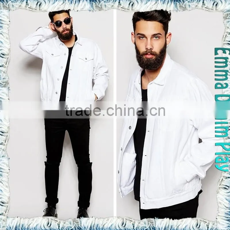 New Korea Mens Soild White Denim Long Sleeves Jackets with Silver Button