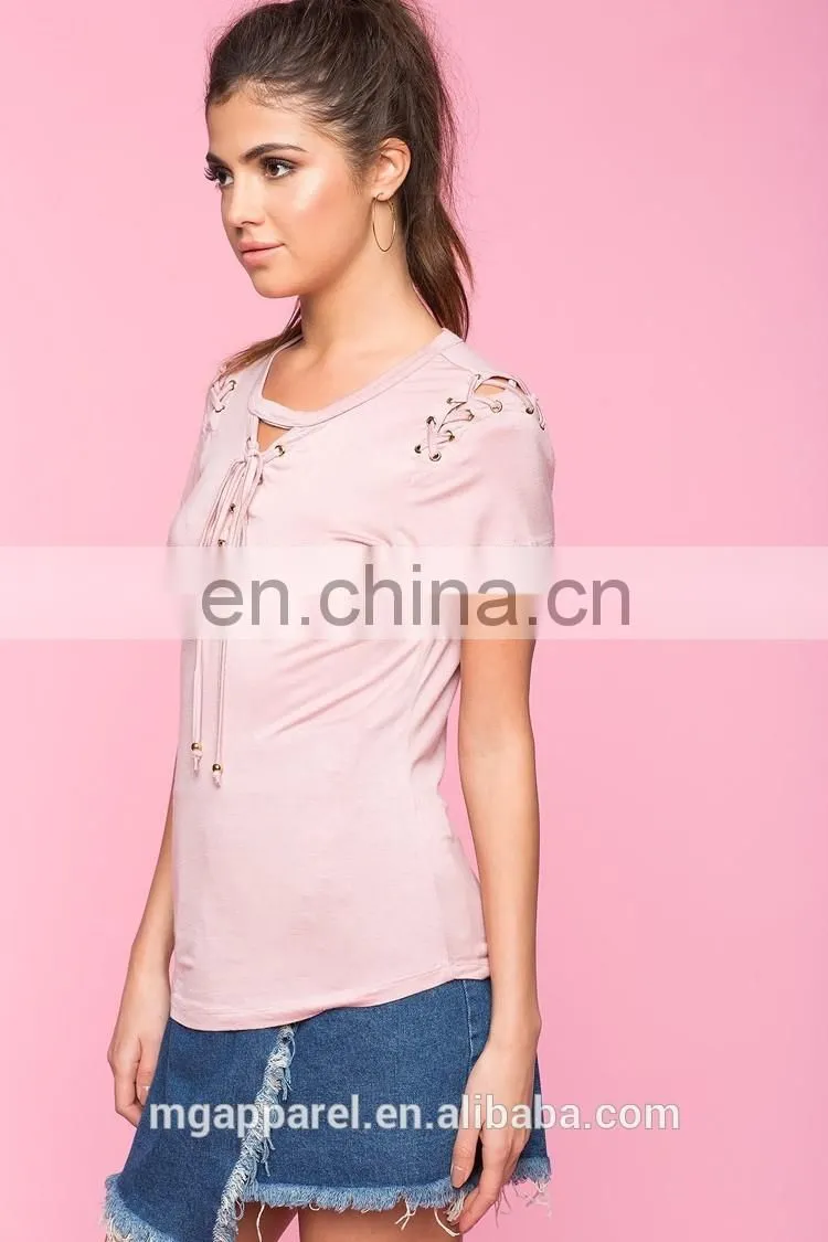Wholesale custom comfort colors t-shirts fashion lady t-shirt with lace-up details