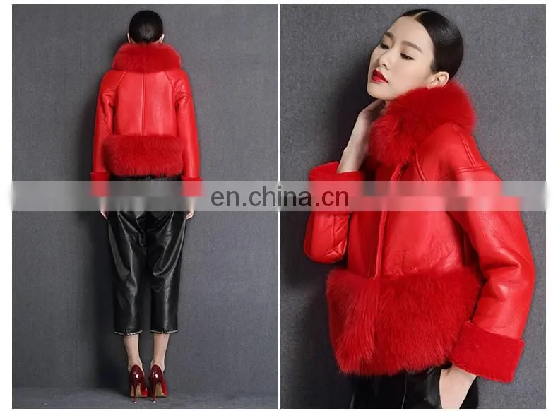 Korean Style High Quality Clothing Winter Women Leather Jacket with Fox Fur Collar